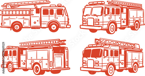 Hand Drawn Fire Truck Set Emergency Vehicle Sketch Vector Illustration.