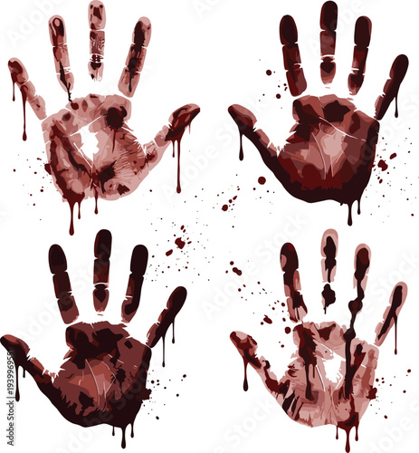 Bloody handprints with dripping blood on a surface, viewed from directly above, showcasing violent crime scene evidence