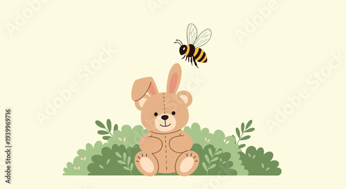 Cute teddy bear with bunny ears sitting in green bushes with a bumblebee flying above on a soft yellow background.