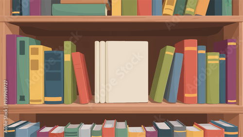 Colorful bookshelf with books of various sizes and colors on wooden shelves in a cozy library setting with empty space