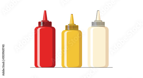 Set of three plastic squeeze condiment bottles for ketchup mustard and mayonnaise isolated on a plain white background.
