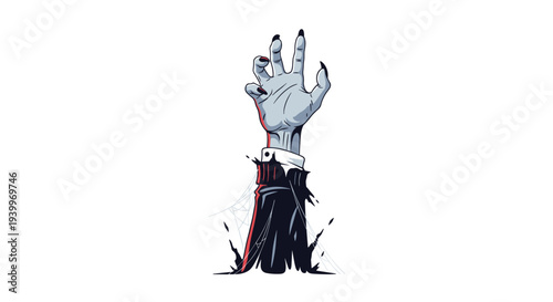 Spooky zombie hand with long nails reaching out from the ground for halloween horror and supernatural themed designs.
