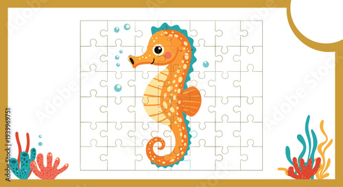 Educational seahorse jigsaw puzzle game for children featuring ocean background and coral elements for learning and fun.