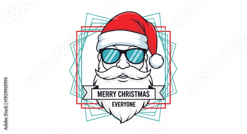Hipster santa claus wearing sunglasses with a banner that says merry christmas everyone for modern holiday greetings.