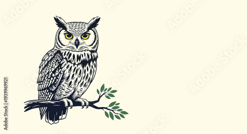 Detailed illustration of a great horned owl perched on a leafy branch against a soft cream background for nature themes.
