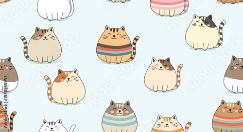 Adorable seamless pattern with round fluffy cats in various poses and colors on a light blue background for pet lovers.
