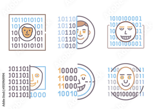 Abstract artificial intelligence with coded faces representing different emotions and expressions