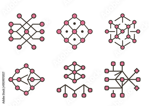 Collection of six abstract network diagrams with pink nodes and brown lines