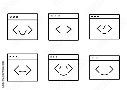Set of programming language icons with brackets and different smiley faces