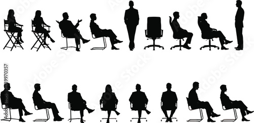 Black silhouette vector set of business people sitting in chairs and standing in professional poses for office corporate meeting and team collaboration design