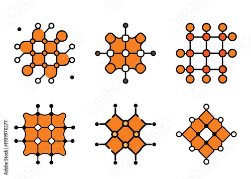 Six variations of abstract orange connected grid network patterns on a white background