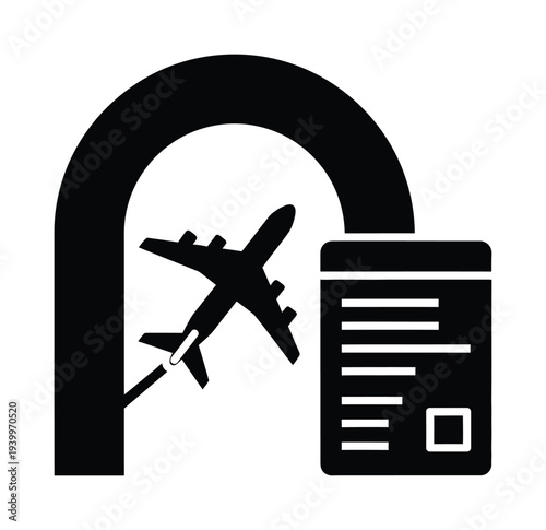 Vector featuring an airplane taking off through an archway with a boarding pass nearby