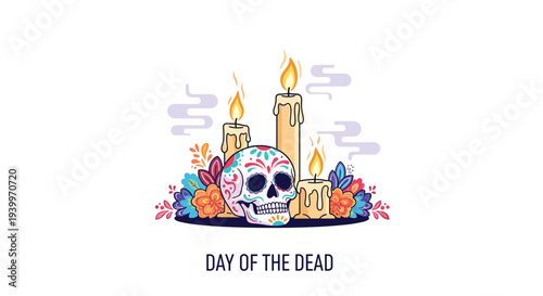 Day of the dead tribute with a decorated sugar skull burning candles and colorful marigold flowers on a white background.