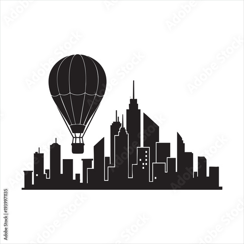 WebNight scene, hot air balloon, city skyline, urban landscape, tall buildings, skyscrapers, windows, dark silhouette, travel concept, adventure.