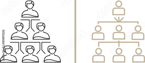 Linear vector icons showing organizational hierarchies and team structures. Features black outlines alongside vibrant orange, blue, and brown versions depicting leadership and professional groups.