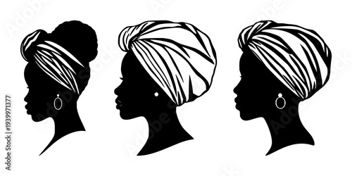 Silhouette profile of a proud black woman wearing a headwrap turban and afro hairstyle, embodying elegance, empowerment, and cultural beauty