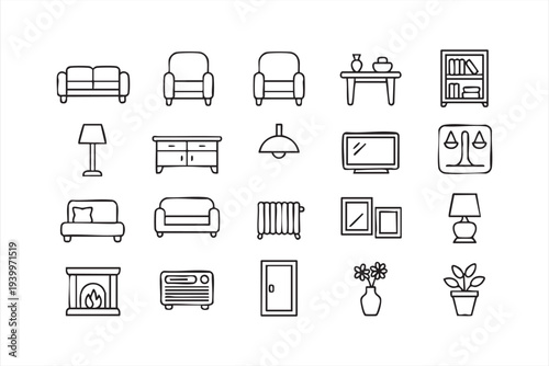 House Interior Elements with Sofa Bed Lamp and Cabinet Icons