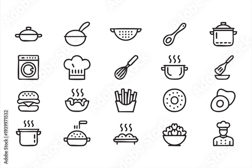Cooking Food and Kitchen Utensils Line Icon Set for Restaurant Menu