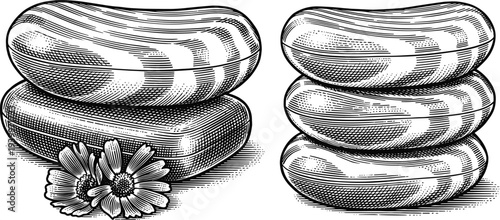 Vintage engraved soaps with marigold flowers on a transparent background