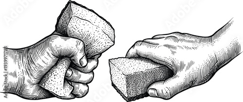 Hands holding and breaking apart natural sponges in vintage engraving