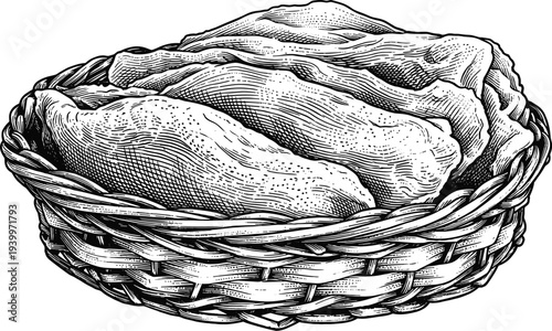 Whole sweet potatoes in wicker basket hand drawn engraving style vector graphic