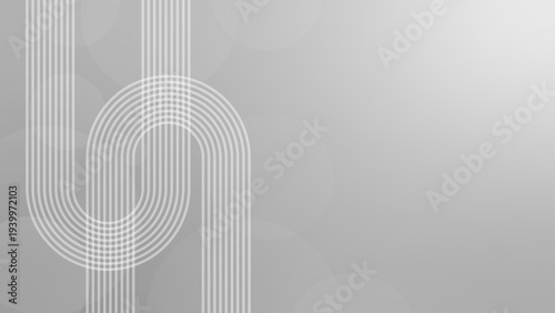 シルバーグレーのメタリックグラデーションと幾何学楕円ラインのハイテク背景、光フレアと右側コピースペースのビジネス・デジタルテクノロジー抽象バナー（16:9）