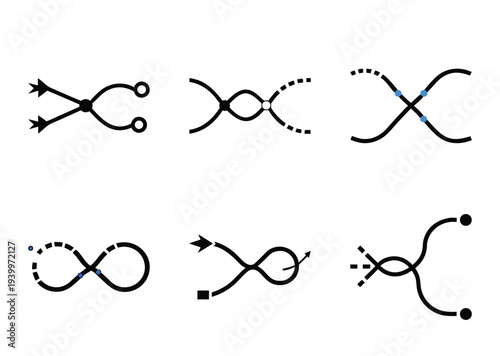 Six abstract line diagrams showing symbolic relationships and connections between elements