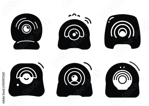 Six stylized black and white vector illustrations of webcam style devices