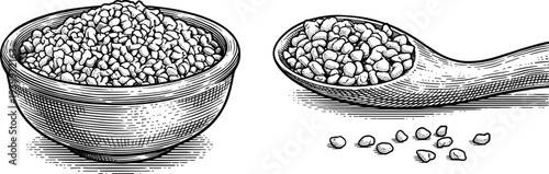 Wooden bowl and spoon filled with small grains or seeds in detailed retro style