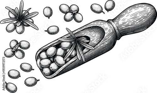 Sea buckthorn berries with leaves and wooden scoop in vintage engraving design