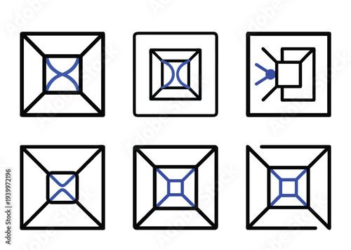 Six variations of abstract square shapes with internal design elements in blue