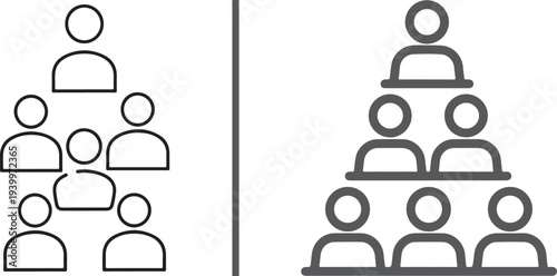 Two sets of minimalist people icons arranged in pyramid structures, representing organizational hierarchy, corporate leadership, teamwork, and social networking in a clean vector line art style.Two se