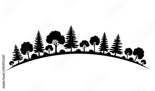 Forest ridge silhouette vector landscape with mixed woodland trees isolated on white background