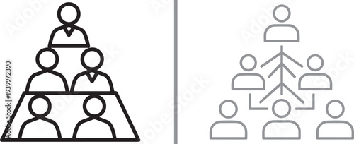 Minimalist linear icons representing organizational hierarchy and team structure. Features a pyramid arrangement of people symbols with directional arrows indicating leadership and management.