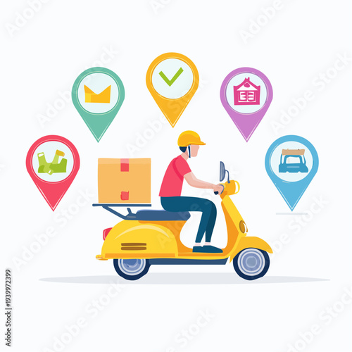 Illustration of a delivery person riding a yellow scooter with a package, surrounded by location icons on a white background.
