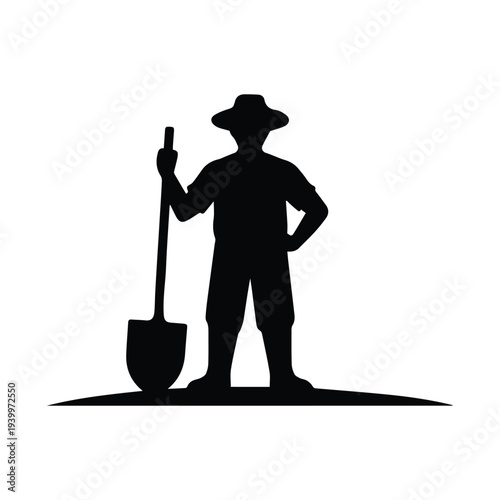 Farmer standing with shovel in modern silhouette