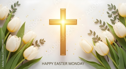 Easter Monday celebration with golden cross and white tulips