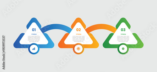 3 points infographic with gradient style with round triangle with curve line with circle badge on bottom with 3 elements stages