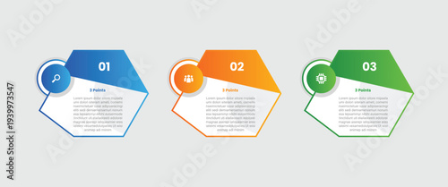 3 points infographic with gradient style with trapezoid box skew header badge and circle badge on side with 3 elements stages