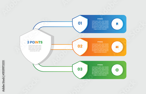 3 points infographic with gradient style with shield badge with round rectangle shield badge with thick outline connection with 3 elements stages