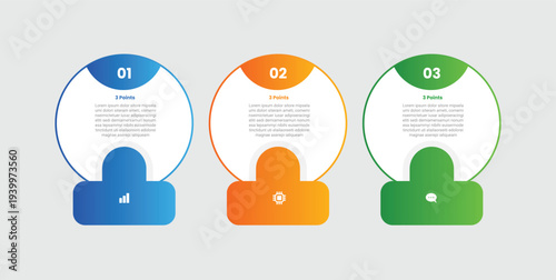 3 points infographic with gradient style with outline circle with round rectangle bottom and half circle badge on top with 3 elements stages