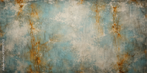 A grungy vintage backdrop featuring aged paint on old textured wood combined with a dark rusty metal surface and rough antique wall patterns