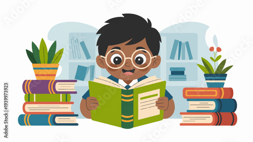 Young boy reading a green book surrounded by stacks of colorful books and plants in a cozy library setting with a thoughtful expression