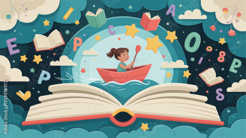 Little girl in red boat on open book with letters and stars floating in night sky with clouds