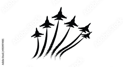 A dynamic formation of fighter jets creates striking smoke trails against a white backdrop silhouette
