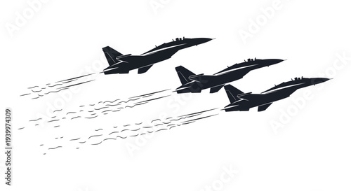Three fighter jets fly in formation leaving vapor trails across a white background silhouette high quality professional