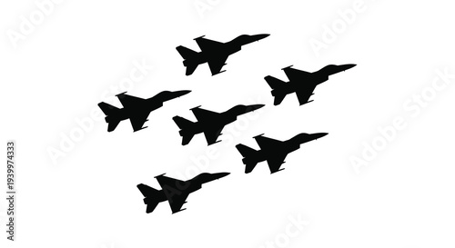 A dynamic formation of fighter jets soaring across a bright sky captured in silhouette high quality