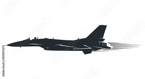 A dynamic black silhouette of a fighter jet in swift flight leaving a trail of speed silhouette