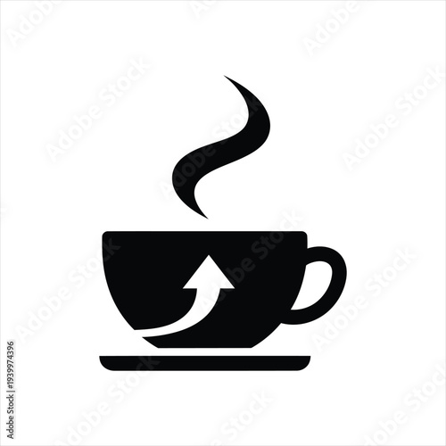 Coffee cup icon with upward arrow representing morning energy boost caffeine stimulation and hot drink breakfast concept