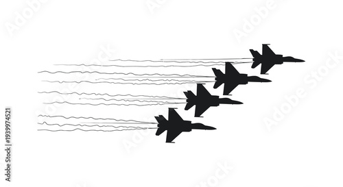 A dynamic formation of jet aircraft soaring across the sky leaving vapor trails a striking silhouette